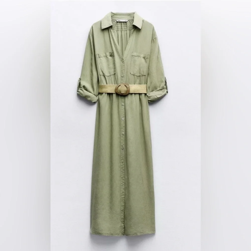 BELTED LINEN SHIRTDRESS with Slit for Casual Wear Size S - Picture 5 of 16